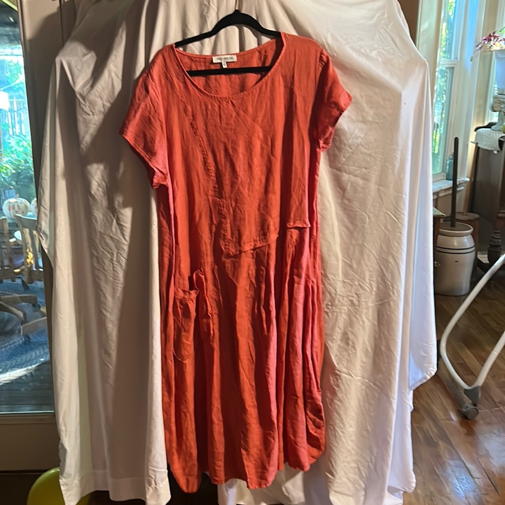 Orange pastel linen dress. Asymmetrical